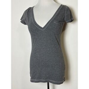 Hollister Womens VTG Y2K V-Neck Pocket T Shirt Small Logo Fitted Short Sleeve